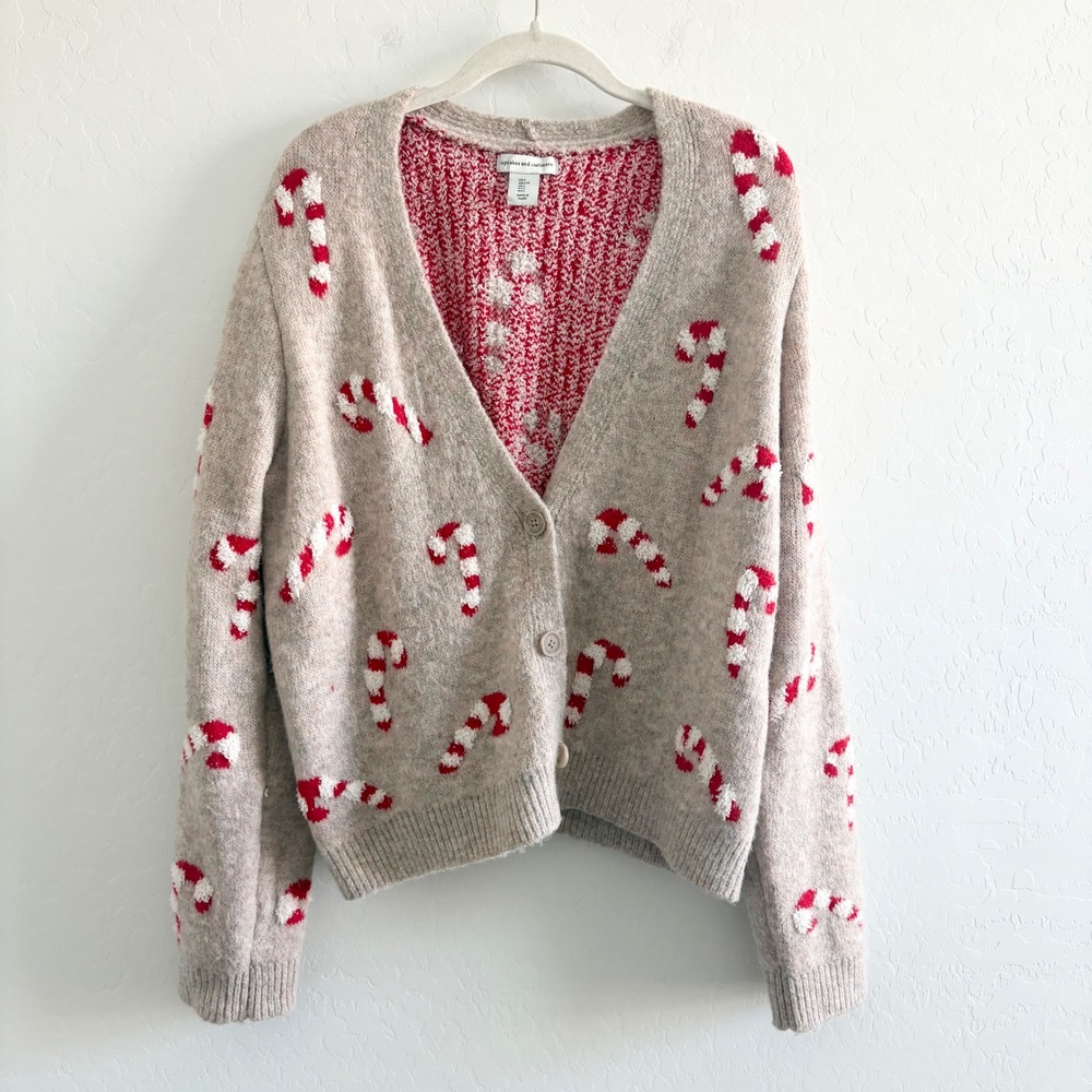 Cupcakes and Cashmere Candy Cane Cardigan Sweater Womens Large Oatmeal Holiday